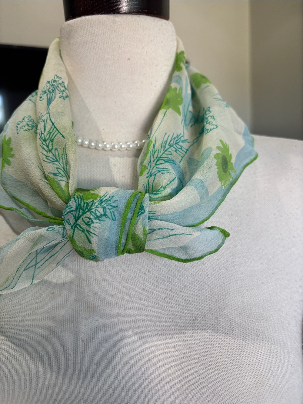 Green and Blue Floral Neck Scarf - Lightweight Women's Wrap